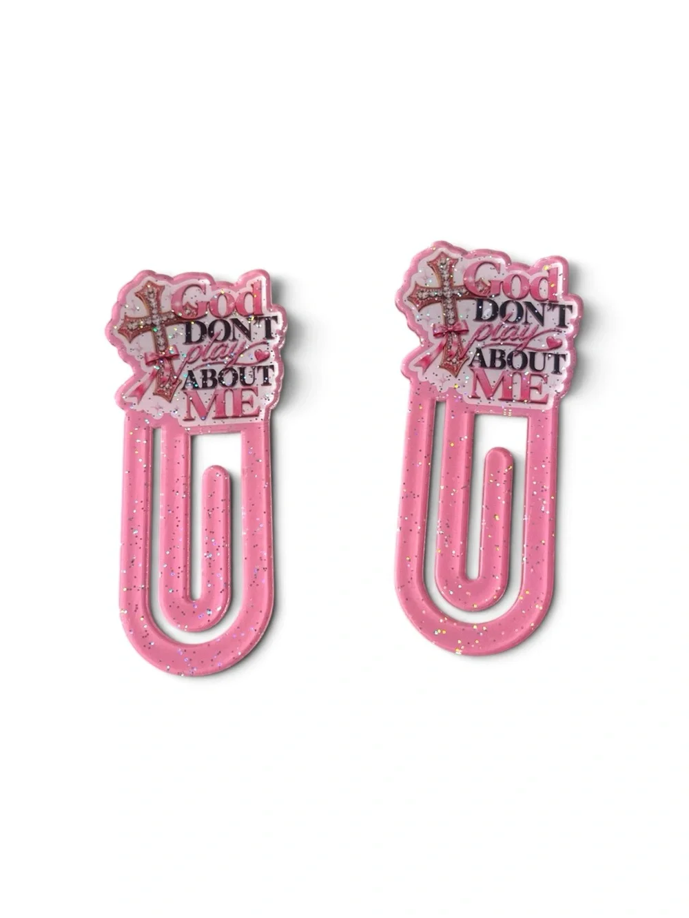 Pink Acrykic Glitter 'God Don't Play About Me' Paperclip/Bookmark Set